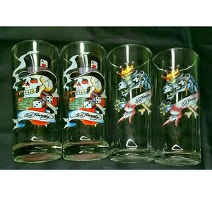 Ed Hardy Vintage 90s Y2K Tattoo Art Skull Panther Hi Ball Drinking Glasses Set 4